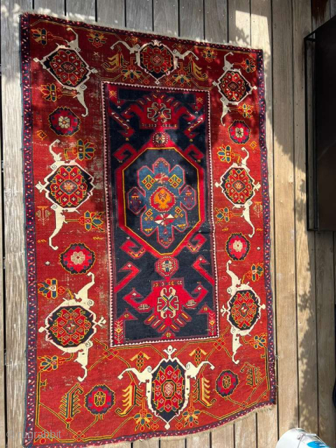 Kuba Gymyl Rug with Cartouche Border
Circa 1895–1910
Size: 135 × 210 cm
Wool on wool; symmetrical knot (Turkish)
Natural dyes with early synthetic pink (fuchsine)
A rare and expressive village weaving from the Kuba region, likely ...