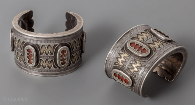A beautiful pair of antique Kazakh silver cuffs (bilezik) from the Aktyubinsk region.                    