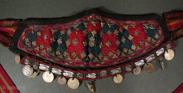  Early rare style Ersari Turkmen headdress with very old upper silver bosses 19th c with additional early  20th c silver and coins , long tie Tassel ends have trade beads  ...