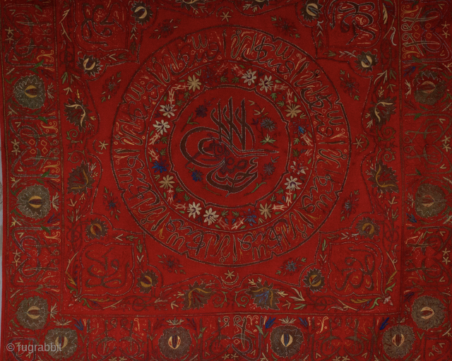 Large Square textile with silk and gold thread embroidery , pseudo Kufic and central Sultan's Tugrah probably used as a turban cover Kavuk Ortuso&n late 19th c Measures : 46" x ...