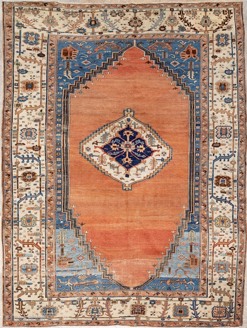 Bakshaish, Circa 1880-- 8'5" x 11'8"
hearth medallion on soft red field; Ivory rosette borders; azure corners with abundant interesting abrashes. Archaic/tribal design elements. Pristine estate piece with no restoration. Lot 513-- https://www.invaluable.com/auction-lot/antique-bakshaish-circa-1880-81B4096BEC.  ...