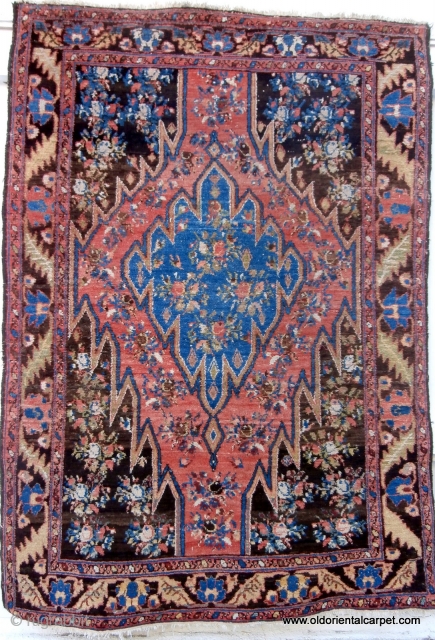 BACHTIAR VILLAGE RUG which is one of a rare group of Bachtiar rugs, which have black or very deep indigo backgrounds, and are from the Zagros mountain region of southern Persia. The  ...