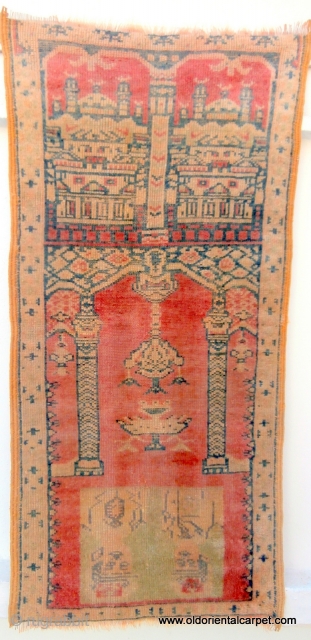 VERY RARE, ANTIQUE MOROCCAN PRAYER RUG Structurally this piece was woven in the Djebel Siroua region south of the High Atlas in Morocco. It has an exceptionally fine weave and is shrouded  ...
