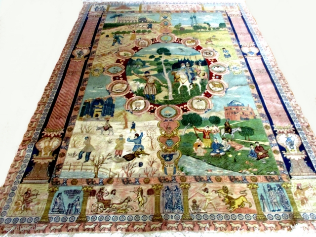 TABRIZ PICTORIAL INSCRIBED CARPET acquired by the original owner in 1960 in the Hamburg Bonded Warehouses in Brooktorkai. It is exceptionally fine with a knot density of 550 to the square inch  ...