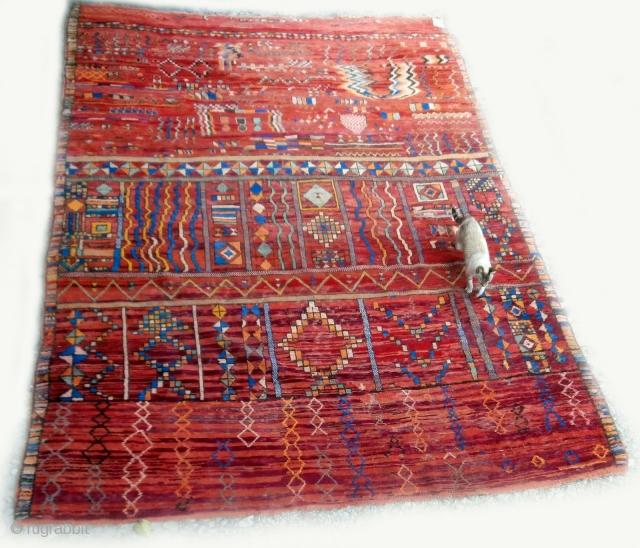 DOUBLE SIDED MOROCCAN BERBER CARPET of very rare extra large size and originating from the Berbers of the region of Boujad in the Middle Atlas. Even allowing for the randomised, spontaneous designs  ...