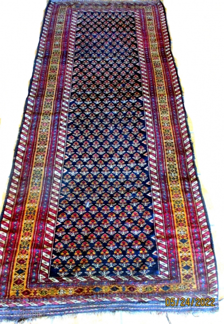 ANTIQUE KURDISH RUG from the western Kurdish Mountain region of the Iran/Iraq border. A very similar example, with the same repeated floral bushes set on an abrashed central field, and also having  ...