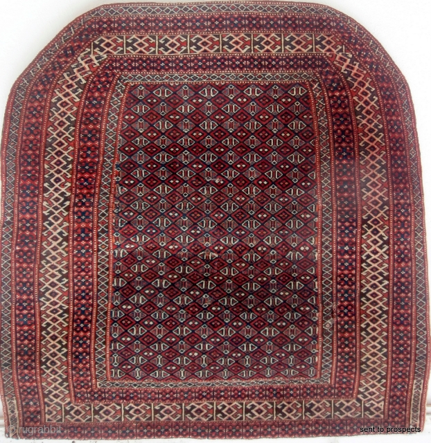 YAMOUT TURKOMAN SADDLE RUG. A finely woven and very intricate piece which originates from the small Yamout sub groups of Jaffarbi or Goklen in the southern Turkmenistan/northern Persia region. They are called  ...