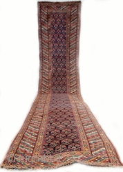 ANTIQUE KURDISTAN LONG RUG circa 1900. The warps and wefts are of fine two ply hand spun wool and this allows for a very fine knot density, weight and durability and fineness  ...