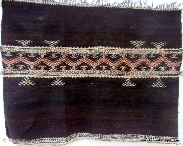 MOROCCAN HIGH ATLAS HORSE BLANKET in which the foundation is a flat woven kilim of undyed black goat hair. The design is of white wool with some colour highlights. This combination of  ...
