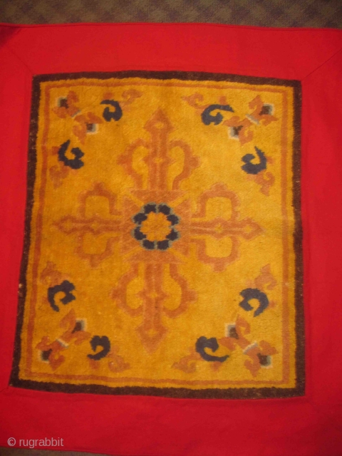 Top quality antique Chinese sitting mat made for the Tibetan religious market (found in Lhasa with tipical Tibetan red felt border), double dorje design for a high rank lama, fantastic quality (photos  ...