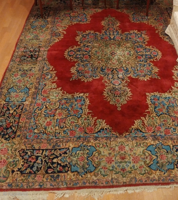 These rugs are located in Branson, MO.  I have the 2006 appraisal certificates from Ark-La-Tex Oriental Rugs Gallery, Inc. located in Shreveport, LA. 

The Kerman (Kermen) is 8'.10"x 11'.5" and described  ...
