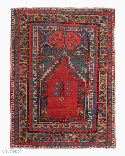 Period: Mid 19th Century
Origin: Mudjur, Central Anatolia
Dimensions: 115 x 160 cm
This mid 19th century Mudjur prayer rug, woven in Central Anatolia, represents one of the most distinctive and expressive village weaving traditions ...