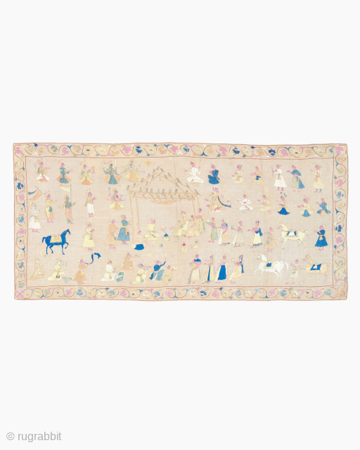 Period: Mid 19th Century
Origin: India
Dimensions: 60 x 122 cm

This rare mid 19th century Indian textile highlights a powerful and rhythmic figurative composition featuring a celebratory courtly or wedding scene populated by numerous  ...