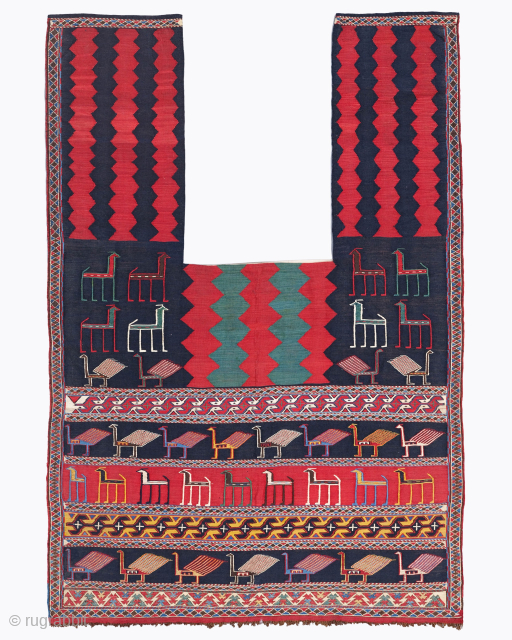 Period: Late 19th Century
Origin: Caucasus
Dimensions: 117 x 167 cm

This rare late 19th century Caucasian horse cover highlights a powerful and whimsical tribal composition featuring stylized animal silhouettes and geometric serrated bands set  ...