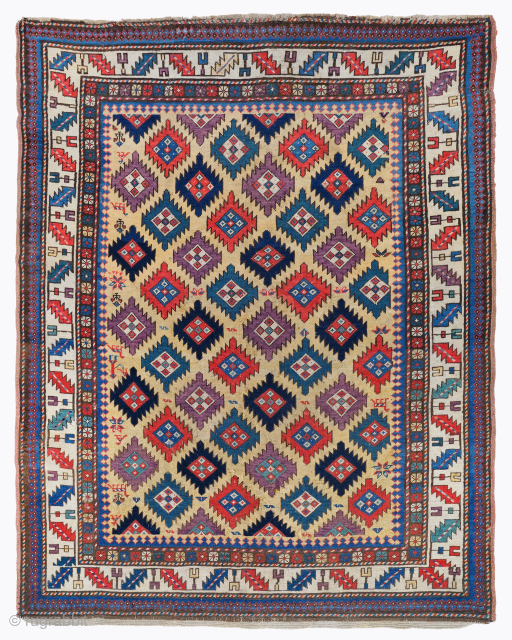 Period: Mid 19th Century
Origin: Gendje, Caucasus
Dimensions: 163 x 203 cm

This rare middle of the 19th century Caucasian Gendje rug highlights a powerful and rhythmic geometric composition featuring an all over diagonal lattice  ...