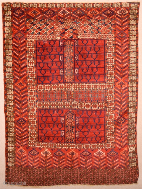 Circa 1850s Central Asian Tekke Engsi It Has Really Good Shiny Wool Size 118 x 165 cm It's in good condition ıt has only small repairs.       