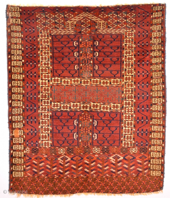 Second half of 19th Century Tekke Ensi.Of comparatively coarse weave, with a light palette and large, well-drawn designs, this door hanging by the Tekke tribe is an early example of its type,  ...