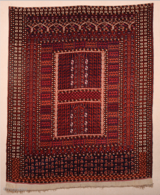 A very beautiful early example, this Saryk door rug was probably woven in the second half of the 19th century, as the quality of the drawing and comparatively light palette suggest.   ...