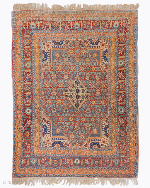 Period: Late 19th Century
Origin: Tabriz
Dimensions: 130 x 170 cm

This rare late 19th century Persian Tabriz rug highlights a powerful and rhythmic floral composition featuring a centralized, multi-layered lobed medallion anchored within a  ...