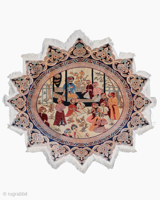 Period: Mid 20th Century
Origin: Hereke, Turkey
Dimensions: 83 x 75 cm
This rare mid 20th century Turkish Hereke silk rug highlights a powerful and rhythmic pictorial composition featuring a formal courtly gathering or “Council” ...