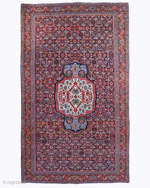 Period: Late 19th Century
Origin: Bidjar
Dimensions: 225 x 385 cm
This rare late 19th century Persian Bidjar carpet highlights a powerful and rhythmic floral composition featuring a centralized multi-lobed medallion anchored within a dense ...