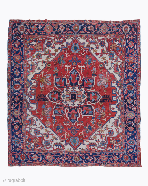 Period: Late 19th Century
Origin: Karadja
Dimensions: 315 x 335 cm
This rare late 19th century Persian Karadja carpet highlights a powerful and rhythmic geometric composition featuring a massive centralized medallion anchored within a vibrant ...