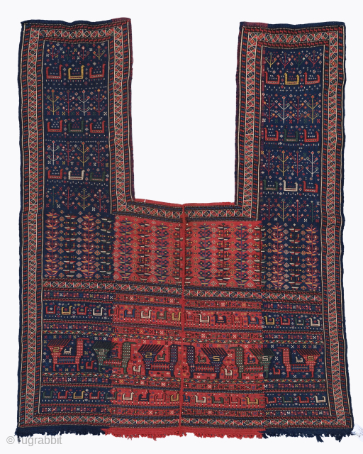 Period: Late 19th Century
Origin: Caucasus
Dimensions: 155 x 180 cm

This rare late 19th century Caucasian horse cover (at-çuvalı) highlights a powerful and rhythmic tribal composition featuring a dense array of stylized zoomorphic and  ...