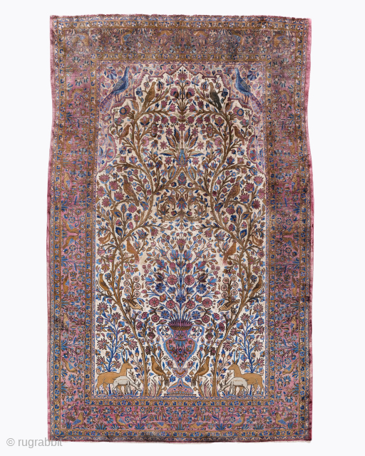 Period: Late 19th Century
Origin: Keshan
Dimensions: 130 x 209 cm
This rare late 19th century Persian Keshan silk rug highlights a powerful and rhythmic pictorial composition featuring an elaborate “Tree of Life” motif anchored ...