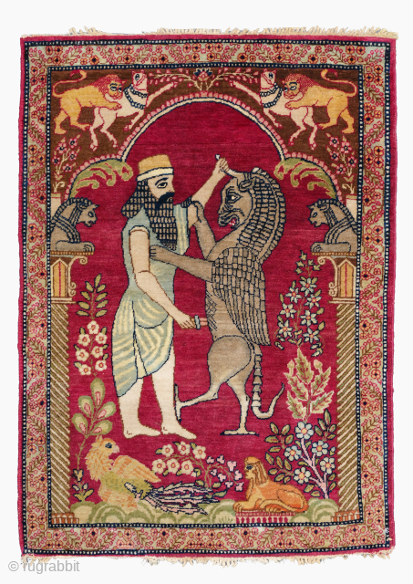 Antique Kerman Pictorial Rug Mythological Tapestry Lion & King Darius Achaemenid at Persepolis

This antique Kerman rug possibly depicting a pictorial scene based on King Darius the Great (Xerxes father) Achaemenid fighting a  ...