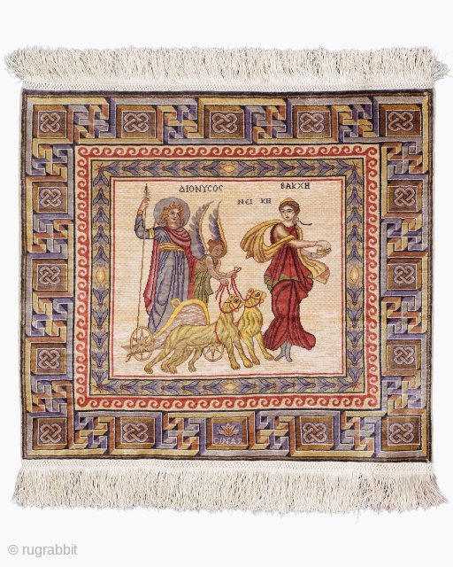 Period: Mid 20th Century
Origin: Turkey
Dimensions: 50 x 55 cm

This rare mid 20th century Cinar silk rug highlights a powerful and rhythmic classical composition featuring a meticulously rendered mythological scene of Dionysus in  ...