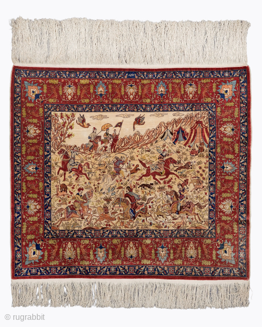 Period: Mid 20th Century
Origin: Hereke
Dimensions: 100 x 88 cm
Quality: 10 x 10
This rare mid 20th century 10 x 10 quality Hereke silk rug highlights a powerful and rhythmic figurative composition featuring a ...