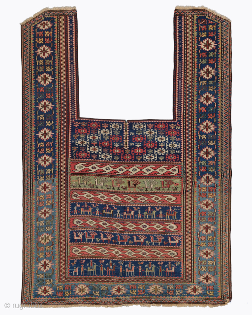 Period: Late 19th Century
Origin: Caucasus
Dimensions: 117 x 168 cm
This rare late 19th century Antique Caucasian Horse Cover highlights a powerful and rhythmic geometric composition featuring a vibrant array of zoomorphic and tribal ...