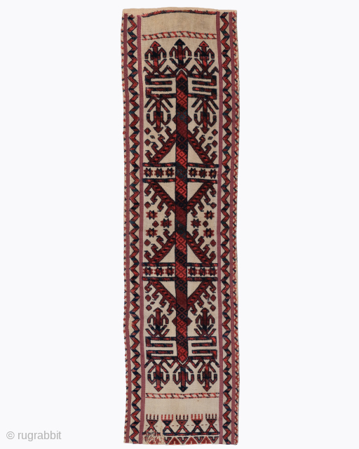 Period: Mid 19th Century
Origin: Central Asia
Dimensions: 36 x 135 cm
This rare mid 19th century Antique Shahsavan Tentband highlights a powerful and rhythmic geometric composition featuring an elongated “Tree of Life” or “S ...