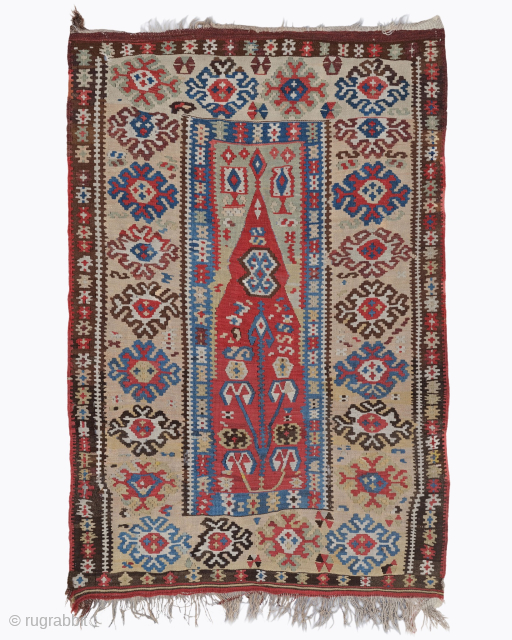 Period: Mid 19th Century
Origin: Erzurum, Turkey
Dimensions: 117 x 173 cm

This rare mid 19th century Antique Erzurum Kilim highlights a powerful and rhythmic geometric composition featuring a sophisticated Mihrab prayer niche anchored within  ...