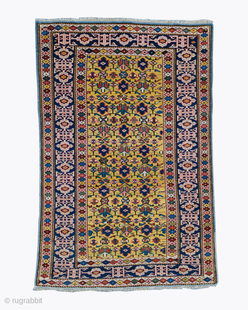 Antique Yellow Kuba Shirvan Rug
Period: Mid 19th Century
Origin: Caucasus
Dimensions: 100 x 170 cm
This rare mid 19th century Caucasian Kuba Shirvan rug highlights a powerful and rhythmic geometric composition featuring a vibrant lemon ...