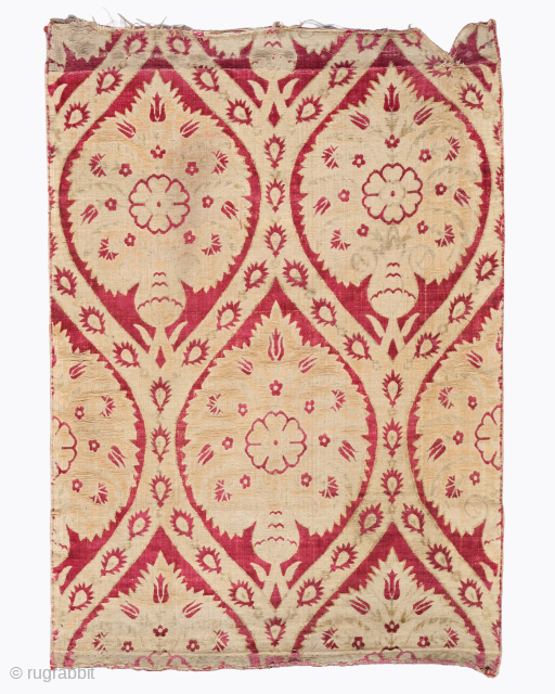 Period: 17th Century
Origin: Turkey
Dimensions: 63 x 89 cm

This rare 17th century ottoman çatma velvet panel is an extraordinary and deeply moving testament to the imperial workshop traditions of classical Bursa and Istanbul.  ...