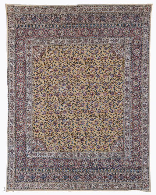 Period: Mid 19th Century
Origin: Iran
Dimensions: 185 x 242 cm
This rare mid 19th century Kalamkari textile highlights a powerful and rhythmic composition featuring an incredibly intricate, all-over pattern layout framed by elegant corner ...