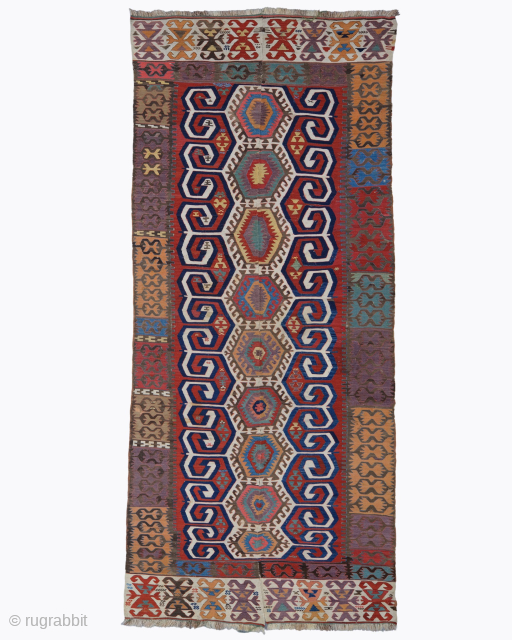 Period: Early 19th Century
Origin: Turkey
Dimensions: 155 x 365 cm
This rare early 19th century Antique flat woven textile highlights a powerful and rhythmic composition featuring a highly sacred geometric design layout. This structural ...