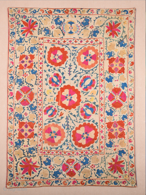 19th Century Uzbekistan Suzani Embroidered Silk ıt's in good condition size 108 x 150 cm It has been relined with plain cotton cloth.          