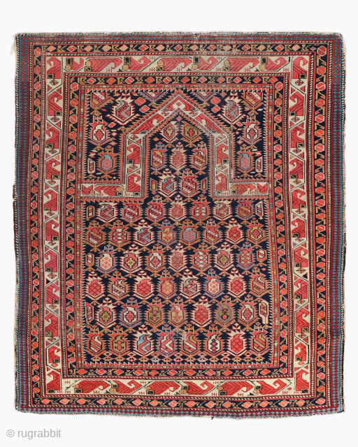 Period: 3rd Quarter of 19th Century
Origin: Caucasus
Dimensions: 130 x 148 cm
This rare 3rd quarter of 19th century Marashali prayer rug highlights a powerful and rhythmic composition featuring a magnificent architectural mihrab framing ...