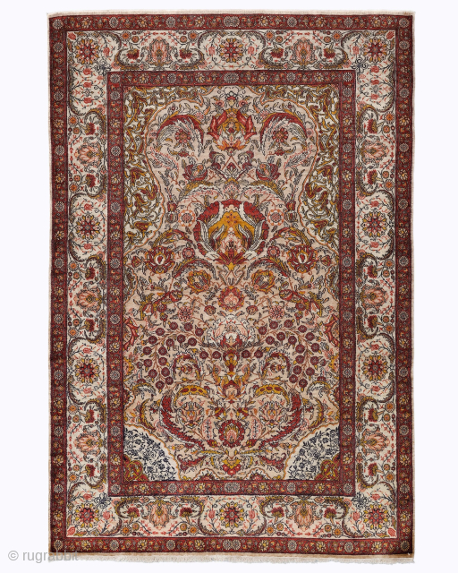 Period: Mid 20th Century
Origin: Kayseri
Dimensions: 122 x 184 cm
This rare mid 20th century Kayseri silk rug highlights a powerful and rhythmic floral composition featuring a dense “all-over” pattern of scrolling vines, palmettes, ...