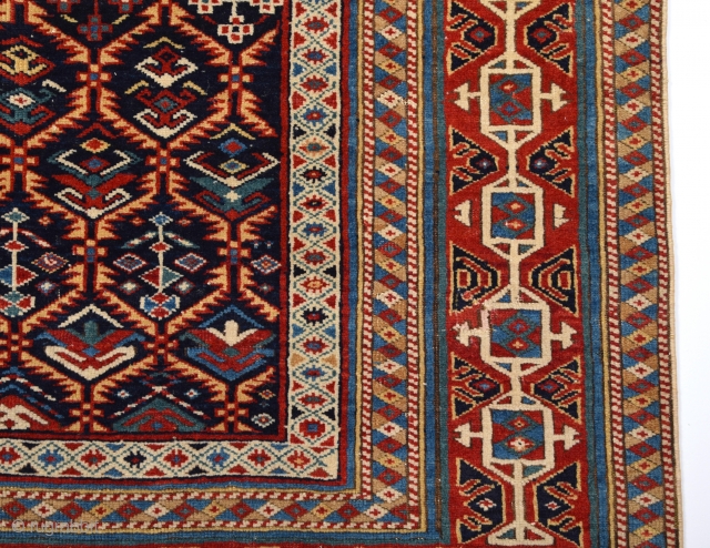 19th Century Unusual Small Shirvan Kuba Rug.With Great Border And It Has Really Good Quality.Thin One.The Ground Is Deep Blue Not Black.It's In Good Condition.Size 110 x 130 Cm
    
