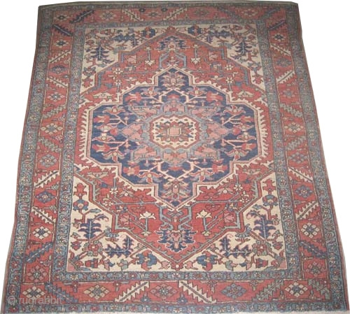 Serapi Heriz Persian circa 1890 antique. Size: 182 x 158 (cm) 6'  x 5' 2"  carpet ID: K5862
Vegetable dyes, the black color is oxidized, the knots are hand spun wool,  ...