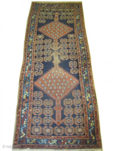 

Meshgin Persian, knotted circa in 1925 antique, 327 x 123 (cm) 10' 9" x 4'  carpet ID: K-4790
The black knots are oxidized, the knots are hand spun wool, the warp and  ...