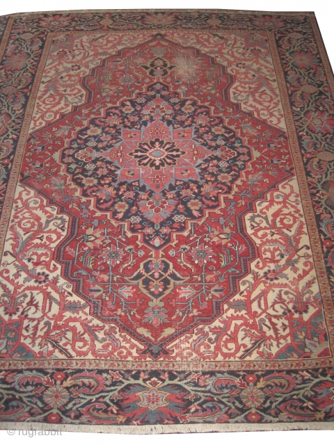 Heriz Persian knotted circa 1915 antique, 340 x 266 cm 
 carpet ID: ERB-1
The black knots are oxidized, the knots are hand spun lamb, the background color is terracotta, the center medallion  ...