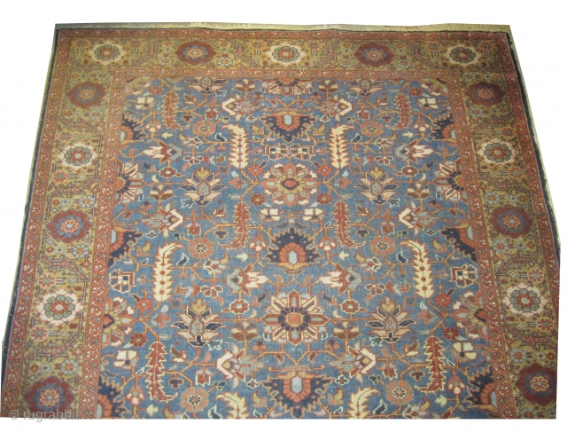 

Bakshaish-Heriz Pesian knotted circa 1920 antique, collectors item, 279 x 216 cm, ID: P-5884
Allover geometric design, sky blue background, the surrounded large border is golden, the black knots are oxidized, the knots  ...