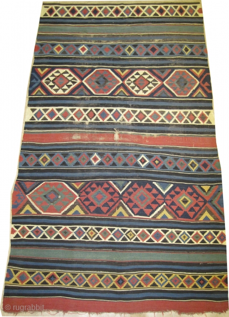 
Fragment Shirvan Caucasian kelim woven circa 1870 antique, collectors item, 153 x 267 cm, ID: SA-1203
Reduced from length/up part, vegetable dyes, the black knots are oxidized, finely woven with hand spun wool,  ...