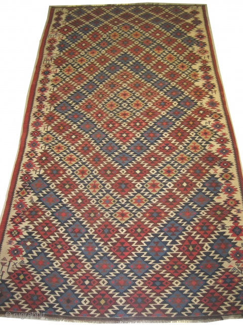 Shirvan Caucasian kelim, circa 1910 antique, collectors item, size: 168 x 311cm,  carpet ID: RO-4
Vegetable dyes, good condition, ivory background, woven with 100% hand spun wool, all over geometric design surrounded  ...