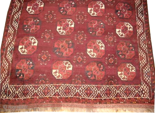 	

Tschaudor Turkmen, knotted circa in 1905 antique,  310 x 234 (cm) 10' 2" x 7' 8"  carpet ID: P-5978
The warp and the weft threads are mixed with wool and goat  ...