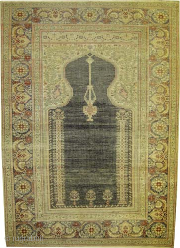 


Banderma silk Turkish, knotted circa 1920 antique, collectors item, 105 x 175 cm, ID: K-5670
Vegetable dyes, prayer design, uniformly short pile, finely knotted with silk, it was on the wall, soft as  ...
